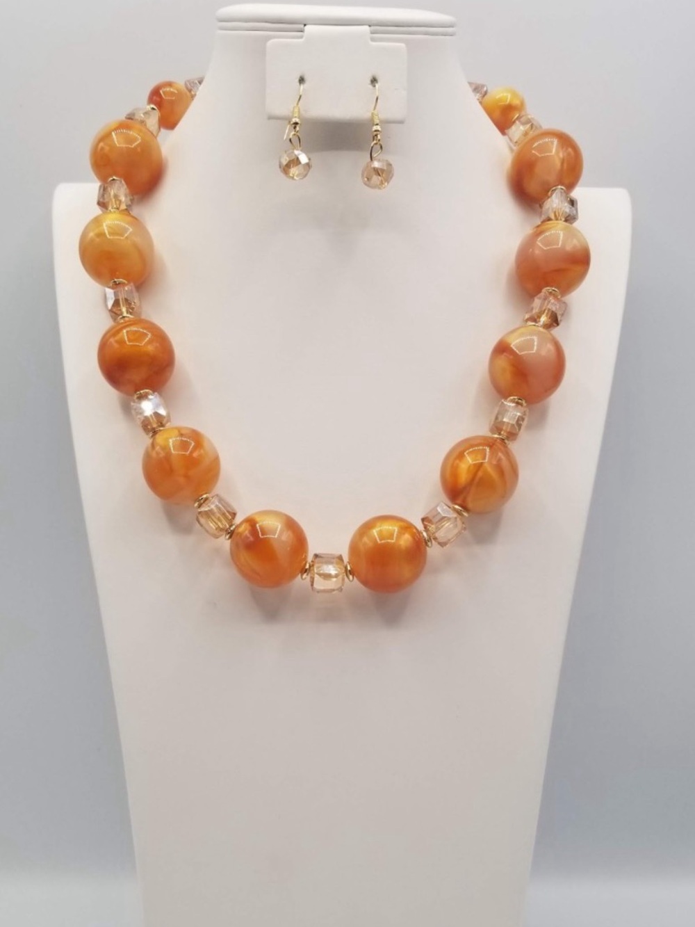 Classic Orange Bead Statement Necklace with Matching Earrings